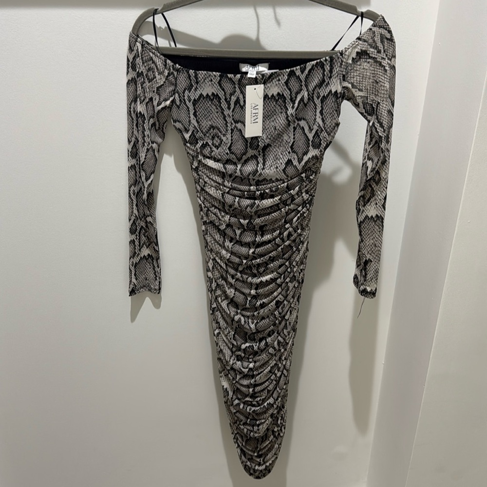 AFRM SIENNA long sleeve off shoulder bodycon midi snakeskin dress in Small NWT